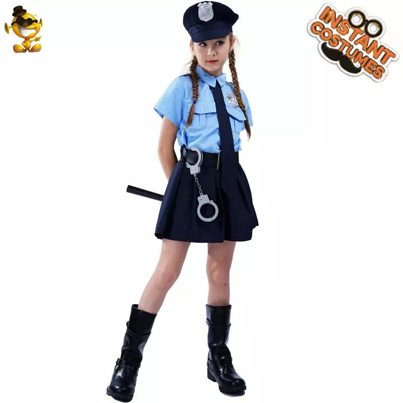 Fantasia de polícia para meninas, cosplay infantil, uniformes slim fit, uniformes pops, halloween