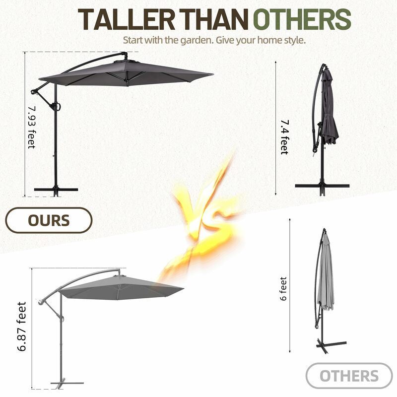 360-Degree Rotation Hanging Offset Patio Umbrella, Outdoor Cantilever Hanging Umbrella with Easy Tilt, Dark Gray-Rotatable