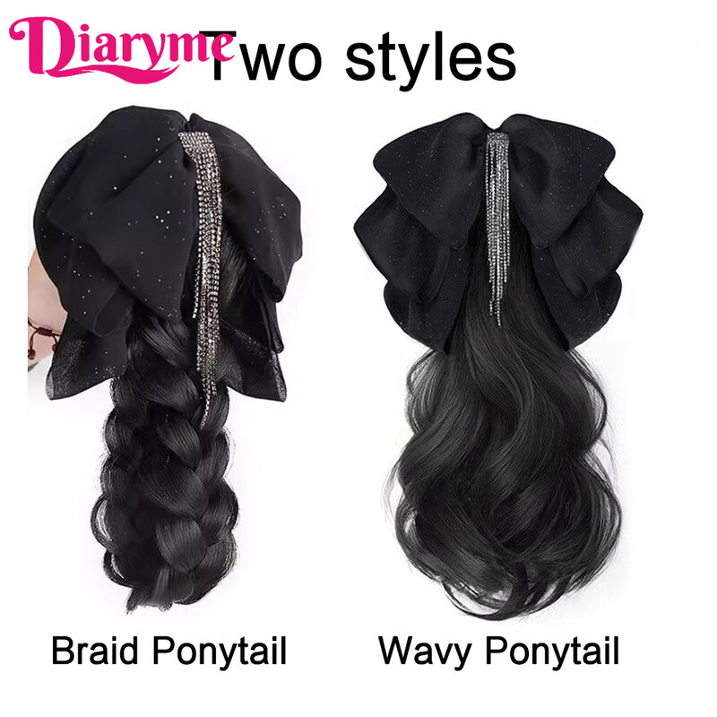 Wig Ponytail wanita, klip cakar ekor kuda rendah ekstensi rambut sintetis untuk wanita busur setengah terikat tinggi bergelombang ekor kuda Hai