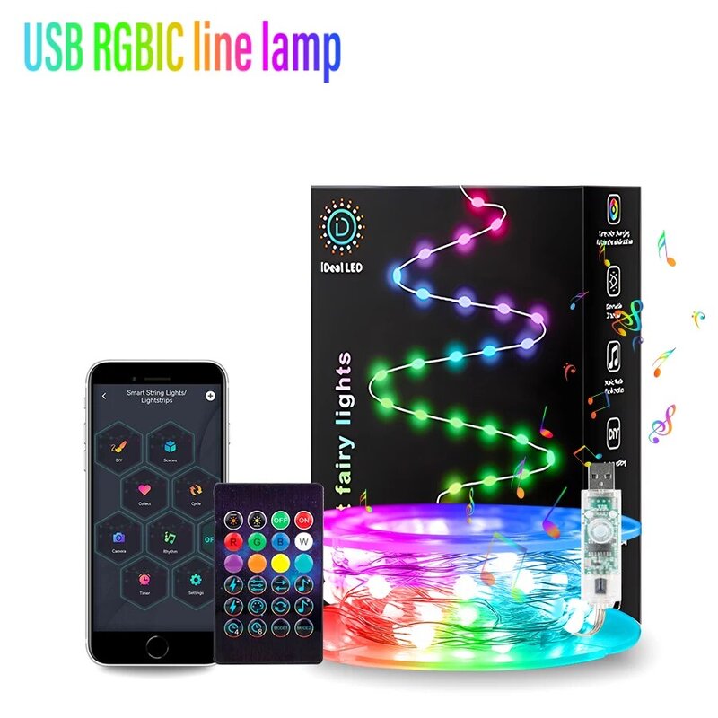 WS2812B Pixel RGB Fairy String Light, música USB, cor dos sonhos, guirlanda de Natal LED, casamento, decoração de aniversário, DC5V