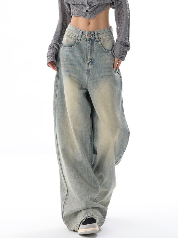 HOUZHOU Retro w trudnej sytuacji niebieskie workowate dżinsy kobiety Y2k Grunge luźna szeroka nogawki spodnie dżinsowe Kpop duża, w stylu Harajuku spodnie damskie