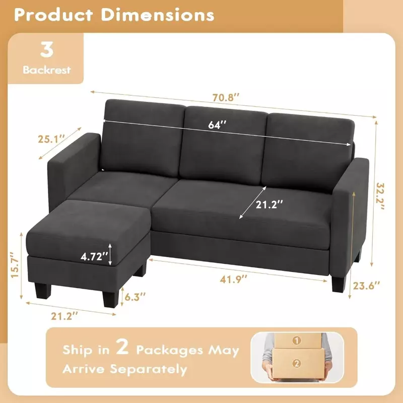 Convertible Sectional Sofa Couch, 3 Seat L-Shaped Sofa with Linen Fabric, Movable Ottoman Small Couch, Living Room and Office