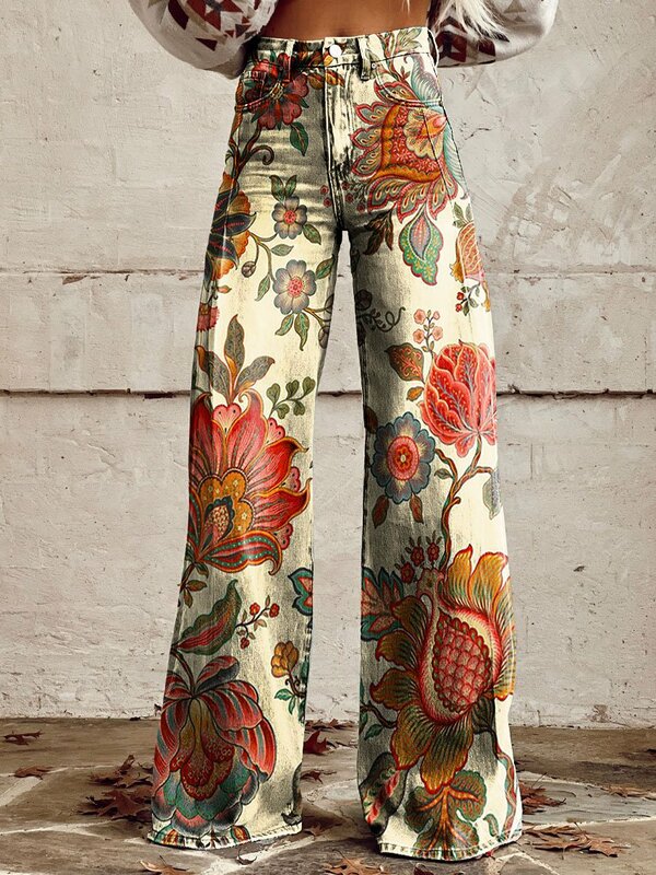 Женские длинные широкие брюки из искусственного денима, удобные походные брюки в стиле бохо с цветочным принтом и завышенной талией, желтые