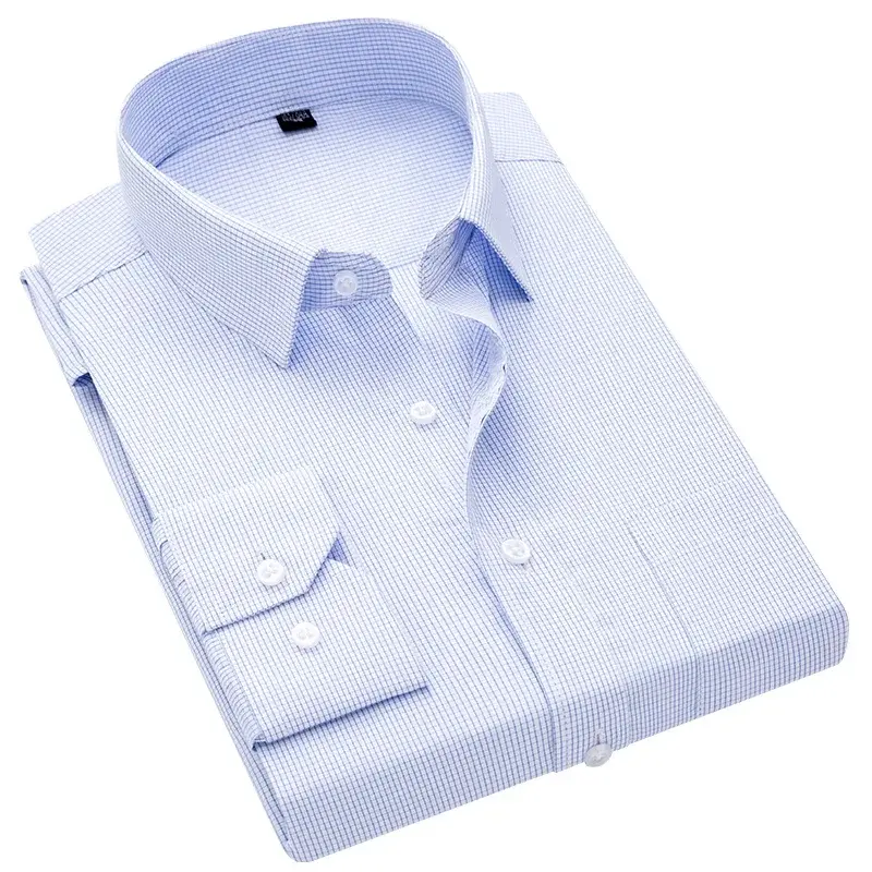 Biznesowa, antyzmarszczkowa koszula z długimi rękawami męska formalna w kratę bawełniana klasyczna praca biurowa