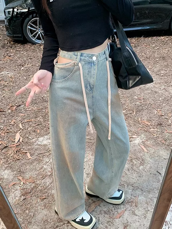 Jielur celana Jeans wanita Vintage seksi, celana jins wanita mode ramping pinggang tinggi, celana kaki lurus Chicly baru musim gugur