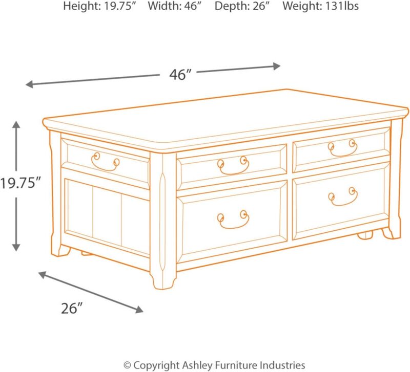 Podpisowy projekt marki Ashley Woodboro Tradycyjny prostokątny stolik kawowy z podnoszonym blatem, 4 szufladami i kółkami do ruchu,