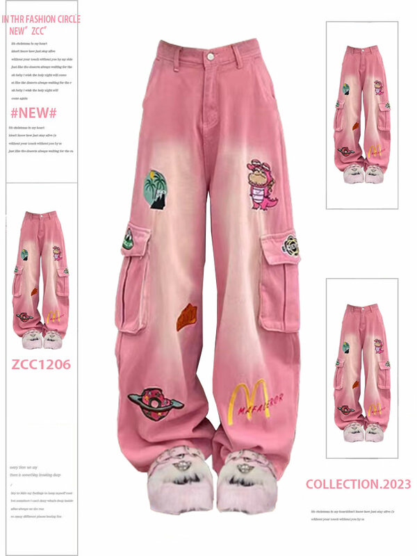 American Vibe-pantalones vaqueros Retro con bordado de dibujos animados para mujer, Jeans de herramientas rosas, diseño de calle alta, pantalones sueltos rectos de pierna ancha, tela lavada
