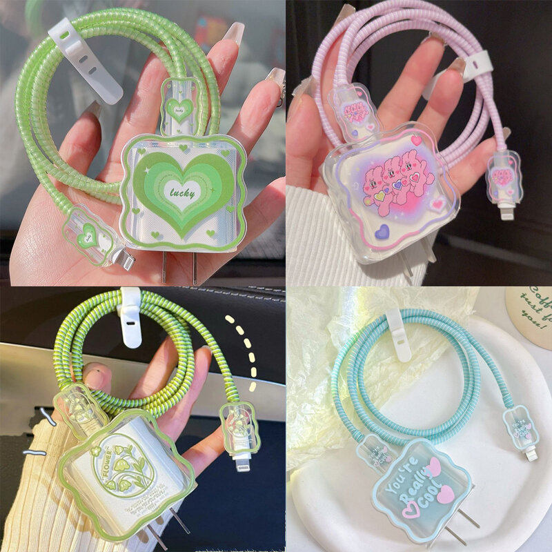 USB Cable Protection For iphone 18 20W Original Charger Protector Cover Cartoon Heart Flower Protective Data Line Spiral Winder