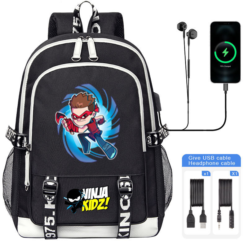 만화 닌자 키즈 배낭 책가방, 초등 학생용, 닌자 키즈 USB 대용량, 남아 여아 배낭 모칠라