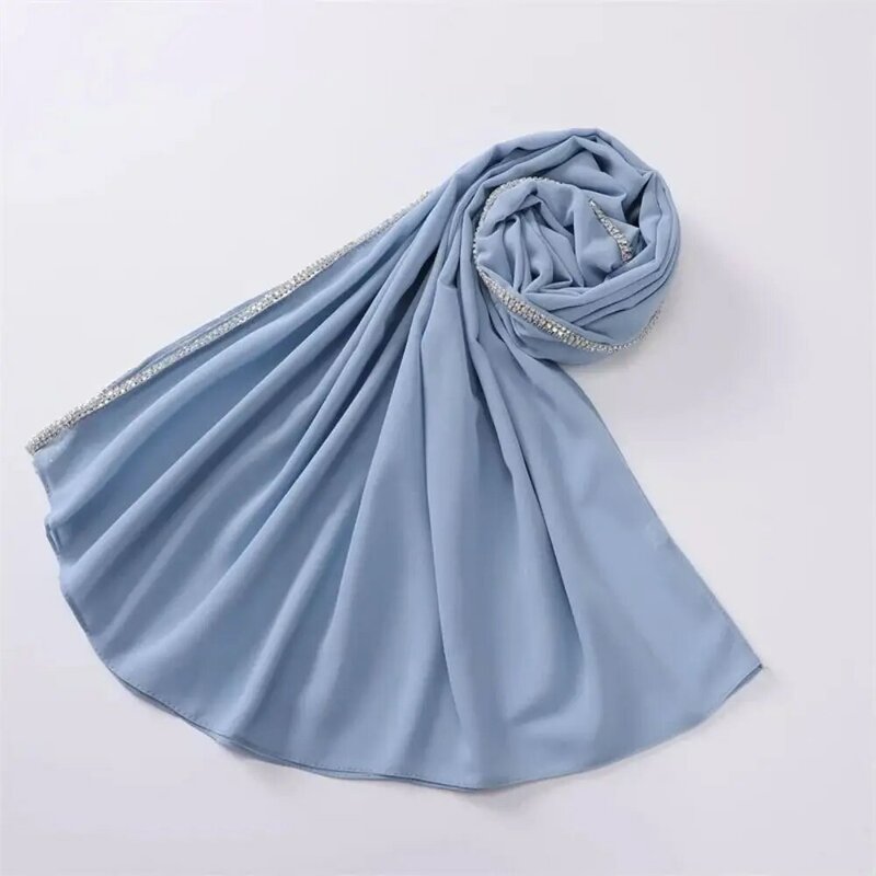 Veil Bubble Chiffon Hijab Shawl Bling Rhinestone Solid Color Ramadan Long Scarf Outdoor Windproof Head Wrap