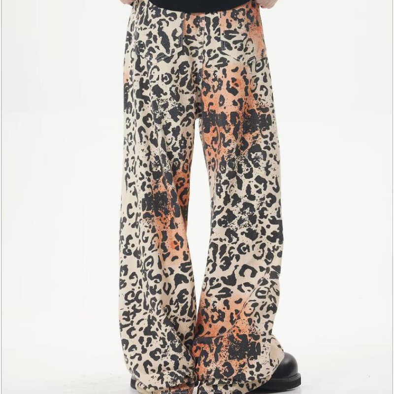 Джинсы мужские в стиле ретро, винтажные ковбойские брюки с потертым леопардовым принтом, прямые широкие брюки из денима в стиле хип-хоп, летняя одежда