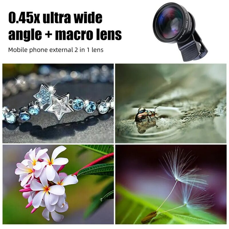 Lente universal do telefone móvel para iPhone e Android Phone, 2 funções microscópicas, 0.45X grande angular, 12.5X Macro HD Camera Lens