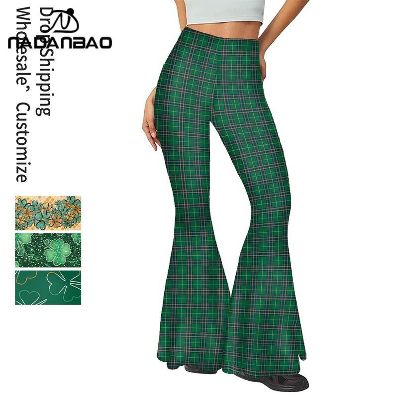 St. Patrick's Day Flare Pants Women Holiday Party Trousers Clover 3D Printed Pants Green Sexy Slim Streetwear Bottom