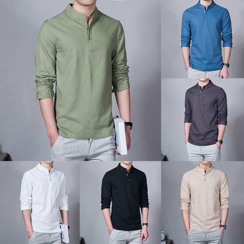 Camisa regular de poliéster masculina, pulôver masculino, camisa elástica, blusa, cor sólida, leve, primavera, outono