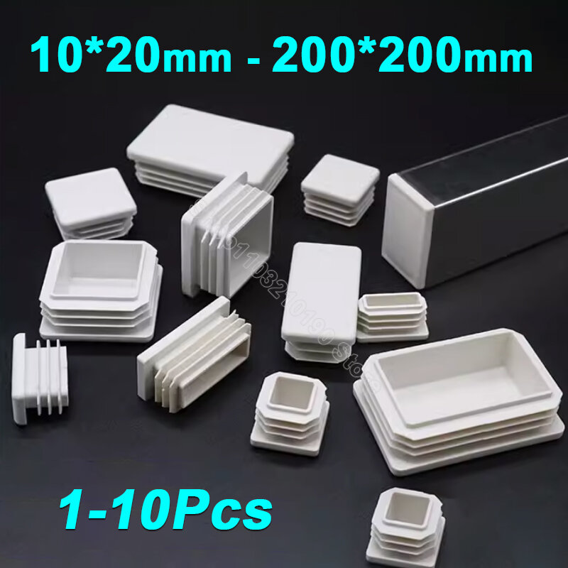 Rectangle/Square White Plastic Blanking End Cap Steel Pipe Tube Inserts Plugs Bung Furniture Table Feet Pad 10x20mm to 200x200mm