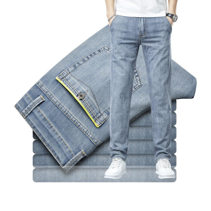 2023 nowości męskie letnie cienkie dżinsy męskie lekkie kolory Slim Fit dżinsy z prostymi nogawkami młodzieżowe modne spodnie na co dzień