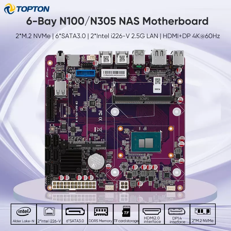 การจัดการแฟลช12th N100 Intel Nas เมนบอร์ด6-Bay 6 * SATA3.0 2*2.5กรัม i226 LAN DDR5 4800MHz นุ่มเส้นทางไฟร์วอลล์ ITX เมนบอร์ด