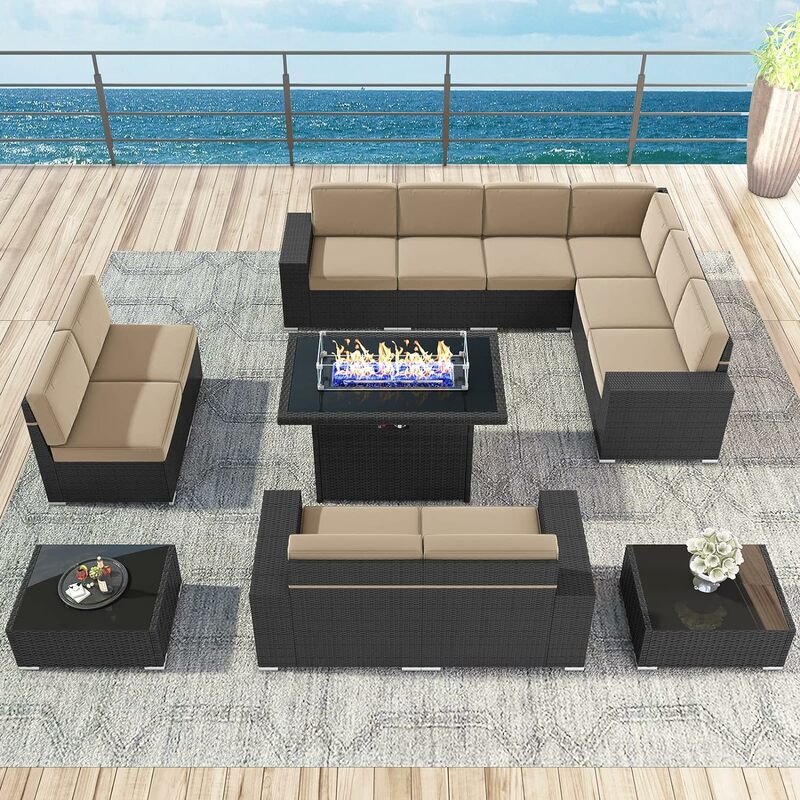 Ensemble de canapé de conversation sectionnel en rotin marron avec table basse, meubles d'extérieur, 6/7 pièces