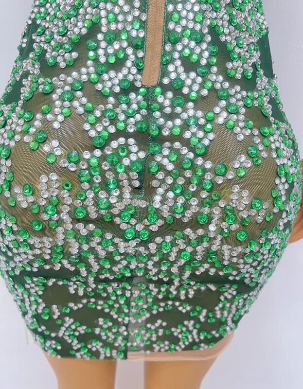 فستان شفاف من أحجار الراين الخضراء الفضية ، تصميم جديد ، زي أداء ، زي شينلين ، احتفال عيد ميلاد ، شينلين ، C113