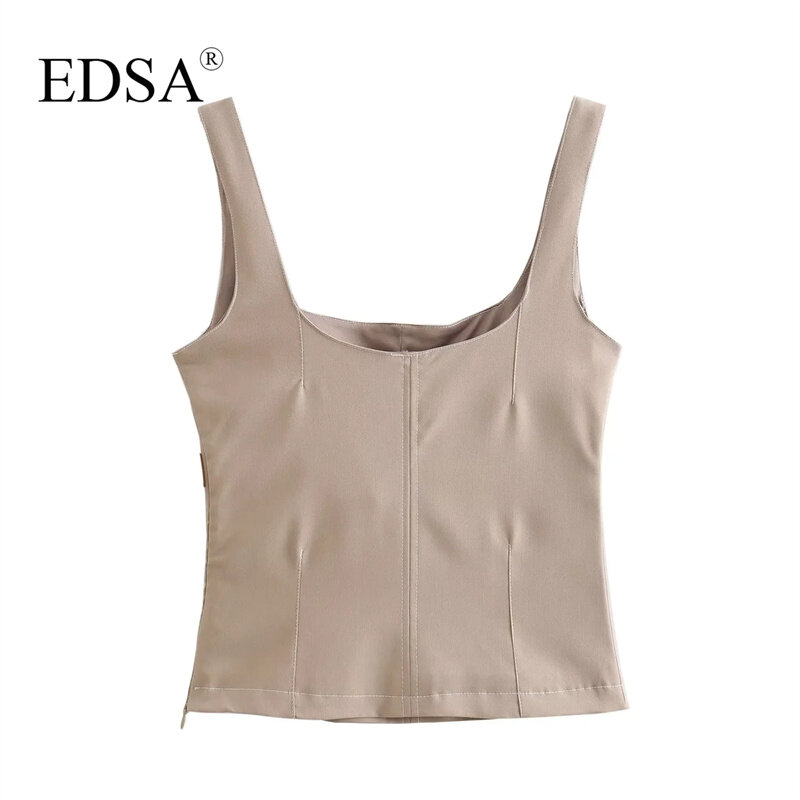 EDSA Women Fashion Top with Belt 2024 Summer Square-cut Neckline Strappy Topstitching Blouse Casual Female Streetwear