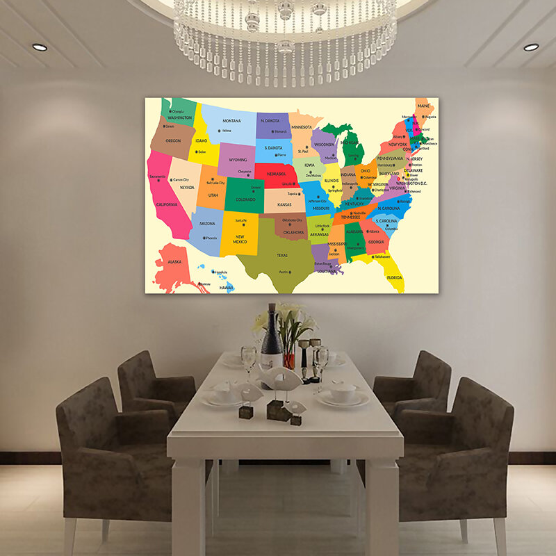 225*150cm mapa USA w języku angielskim włókniny płótno malarstwo dekoracyjne plakat i druki salon Home Decor materiały biurowe