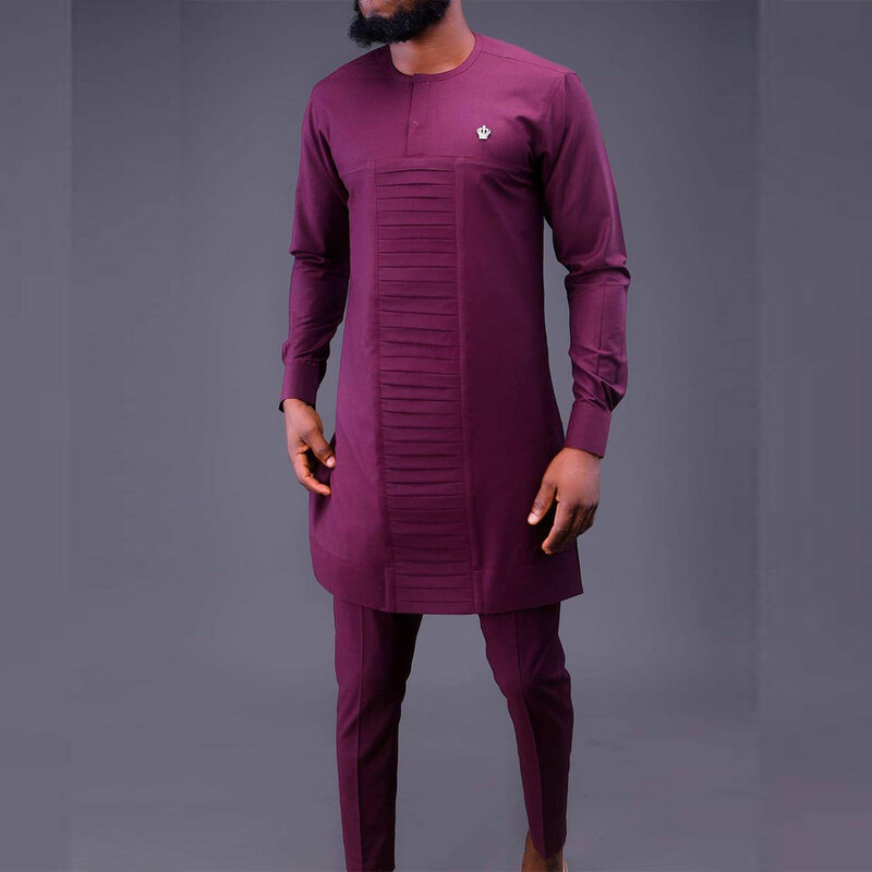 Conjunto de 2 piezas para hombre, traje de manga larga bordado, Top informal y pantalones de Color sólido, traje étnico africano, novedad