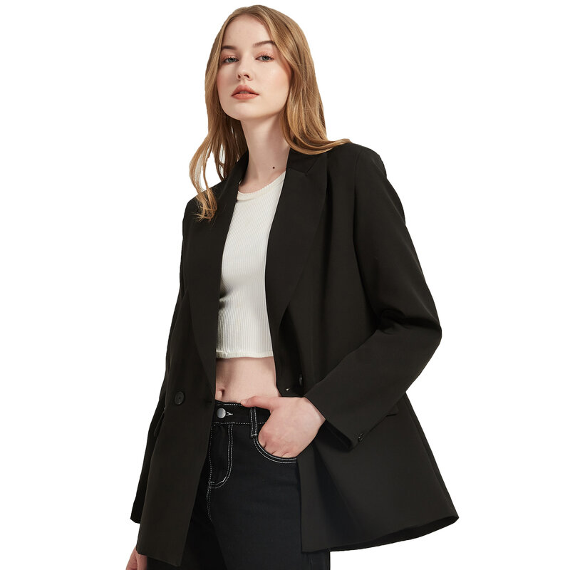 Veste blazer monochrome pour femme, manteau décoratif à double boutonnage, poche décontractée, automne et printemps