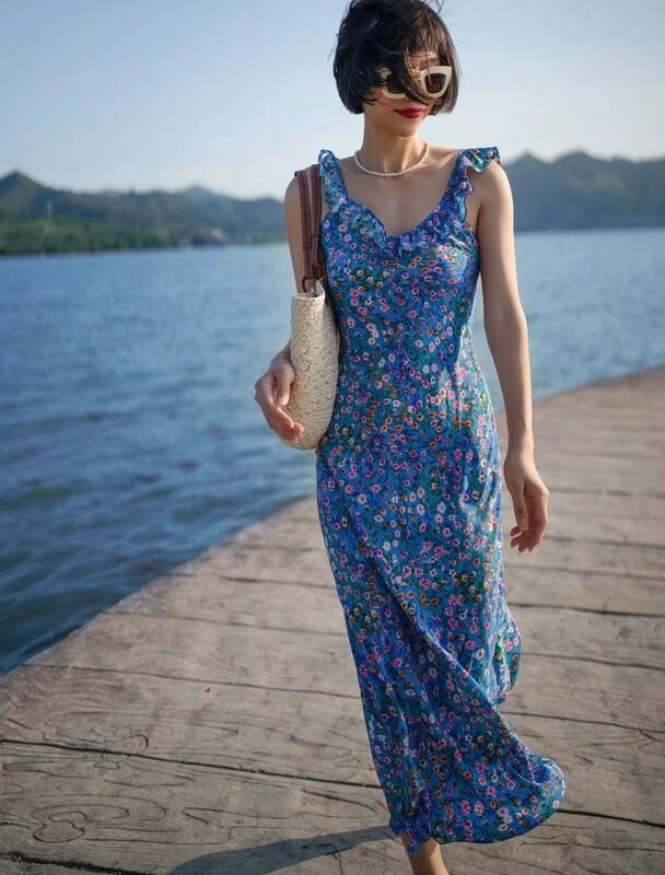 Ladies Fashionable And Elegant Silk Printed And Dyed Floral Lotus Leaf Neckline Dress