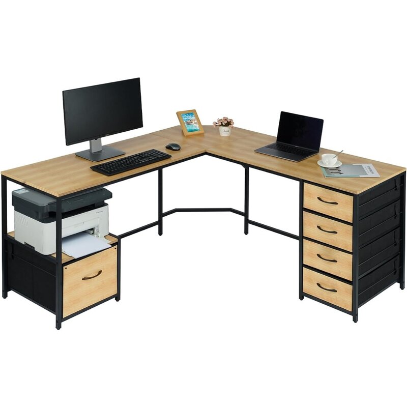 Meja Komputer bentuk L dengan 18.9 "kedalaman Workstation, berkas berkas ukuran huruf dan 4 lemari penyimpanan kain (bambu, 59*59 inci)