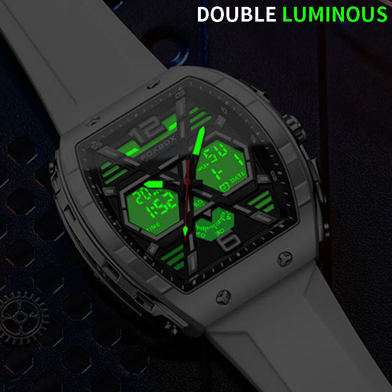 FOXBOX jam tangan pria, jam tangan pria Display ganda, jam tangan olahraga, tampilan Digital LED, kronograf, gelang silikon bercahaya