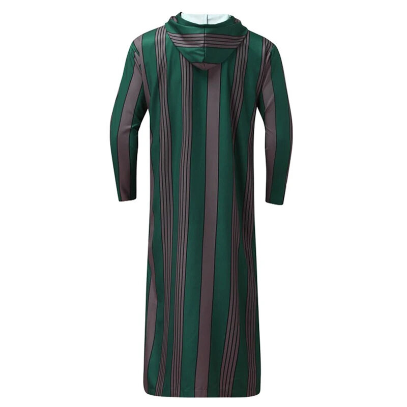 2024 New Men's Islamic Arabian Patchwork Striped Hooded Zipper Muslim Robe Autumn Streetwear Casual Loose Arabian Islamic Robe
