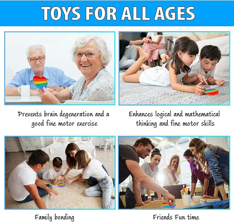 Pop Zappeln Spielzeug, Silikon Push Pop Bubble Spielzeug für Kinder und Erwachsene Regenbogen Zappeln Poppers Quadrat Achteck Herz runde Form