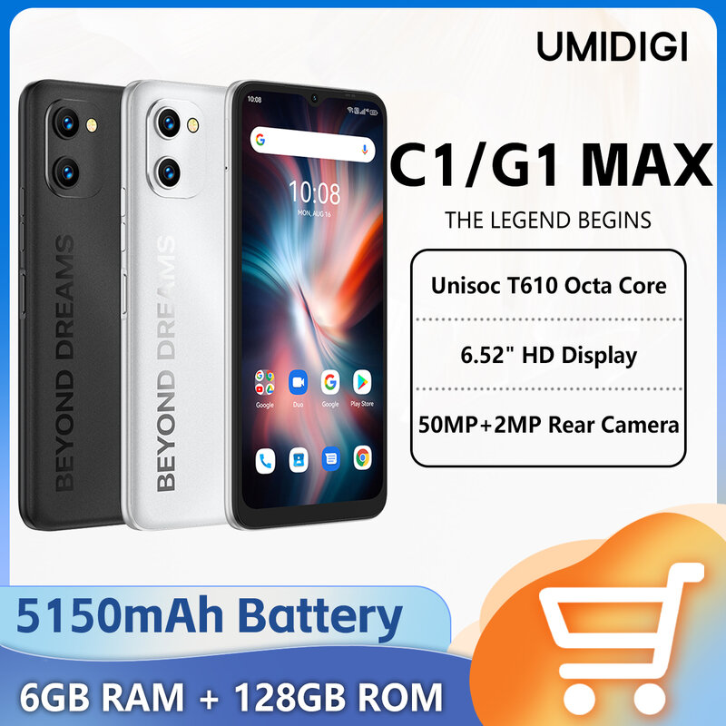 UMIDIGI C1 i G1 MAX Smartfon 6 GB + 128 GB 6,52 "HD Wyświetlacz 5150 mAh Bateria Unisoc T610 Octa Core 50 MP Telefon komórkowy z systemem Android