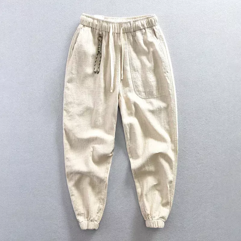 Calça de rua alta masculina, calça de linho algodão casual com cordão, elástico na cintura, calça retrô japonesa, nova para verão