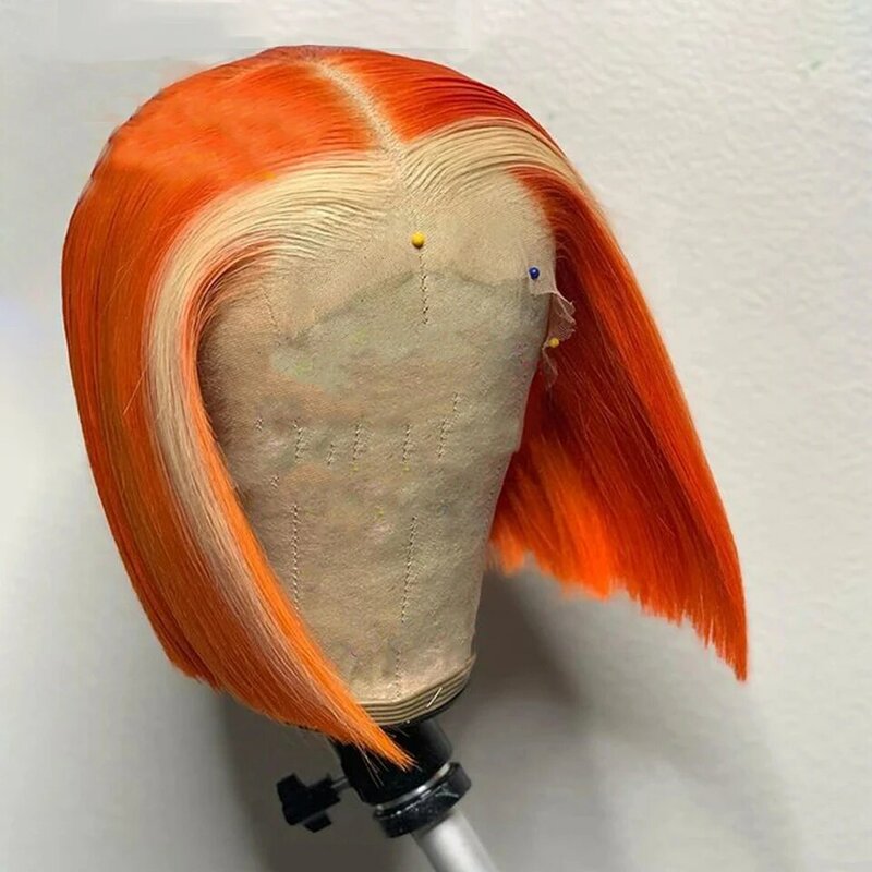 Wig Bob Jahe Setrip Oranye dengan Rambut Manusia Pirang Sorot Wig Rambut Manusia Renda Depan Wig Rambut Manusia Tanpa Lem Wig Bob Pendek