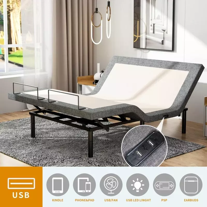 Quadro de cama ajustável com controle remoto sem fio, montagem rápida, base de cama queen size, inclinação independente da cabeça e do pé