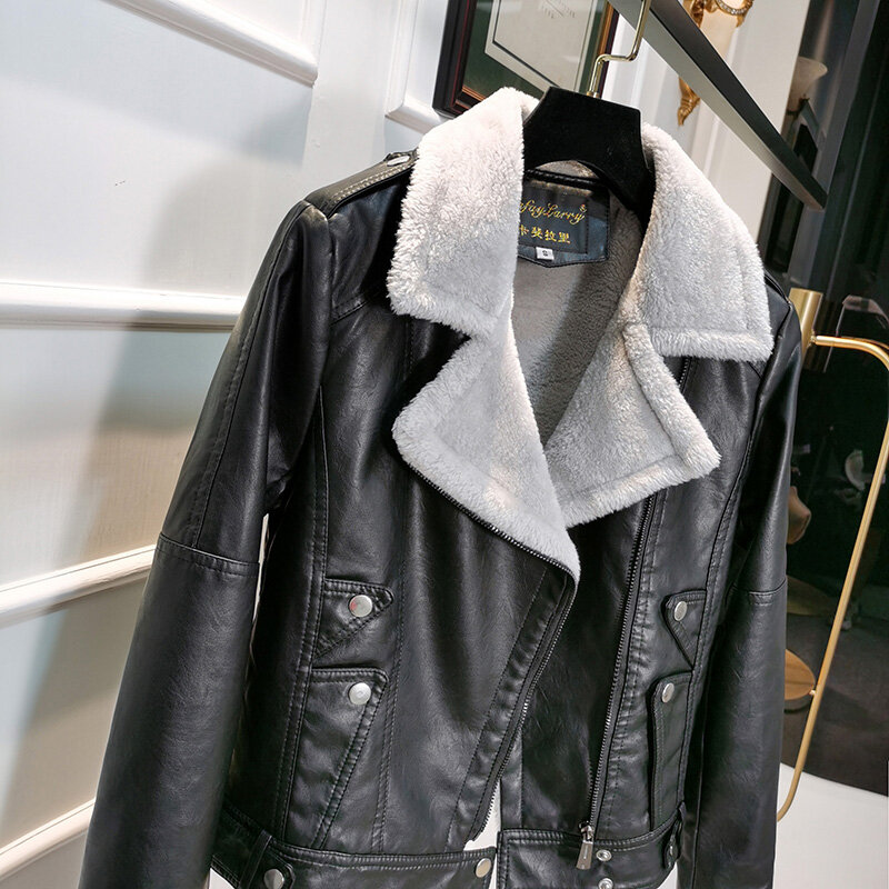 Korean Version  Cotton Padded Pu Leather Women Short Jacket Winter 2022 Plus Velvet Padded Slim Long Sleeve Motorcycle  Coat