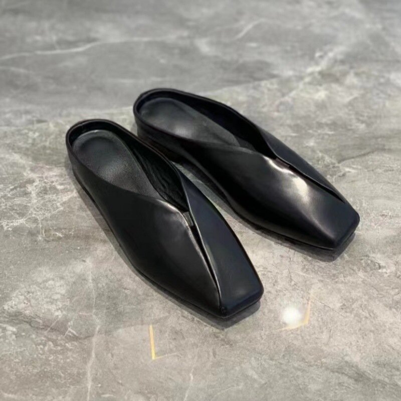 Women's outerwear leather half slippers 2024 Spring/Summer New Fashion Baotou Flat Shoes Versatile Casual Muller Shoes