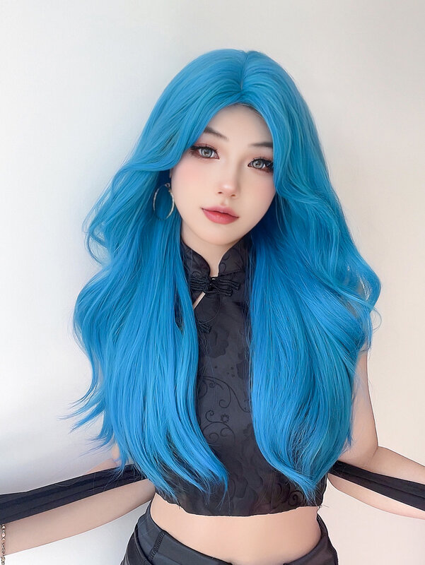Женский синтетический парик для косплея, длинные натуральные волнистые волосы средней длины, 26 дюймов, цвет морской, синий