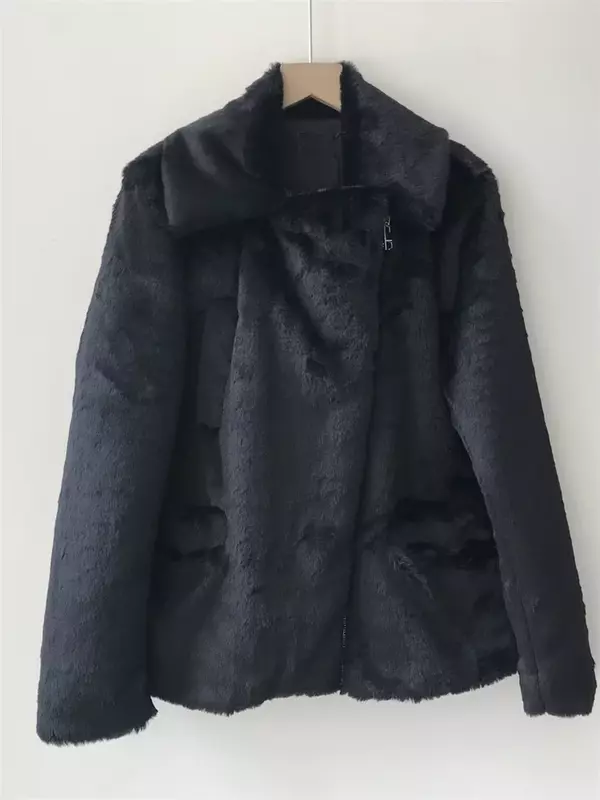 여성용 플러시 턴 다운 칼라 지퍼 포켓 재킷, 겨울 캐주얼 따뜻한 코트