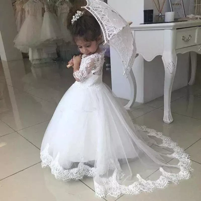 Белое кружевное платье с длинным рукавом и V-образным вырезом для девочки, свадебное вечернее женское платье, официальное платье принцессы, подружки невесты, 2023