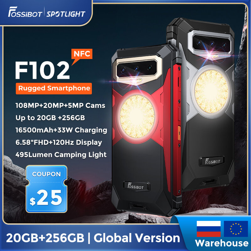 fossibot f102 teléfono inteligente duradero de 33w carga rápida 16500mah 20gb + 256gb 108m cámara Android 13 teléfono móvil 6.58 FHD helio g99 NFC 120hz