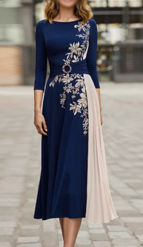 Appliques di pizzo plissettato lunghezza del tè abito da sposa semplice lungo manica 3/4 abiti da ballo blu Navy madre della sposa abiti