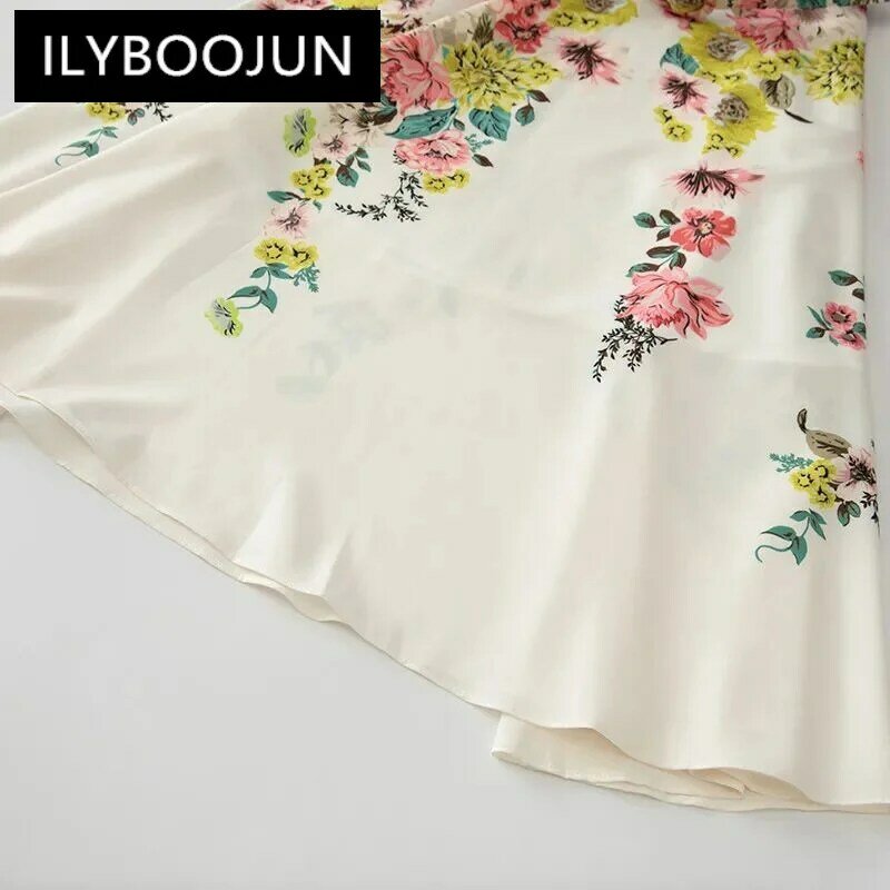 ILYBOOJUN Fashion Women's Shirt Collar Lantern Half -Sleeved Single-Breasted Lace-Up Printed Beaded MIDI Dress