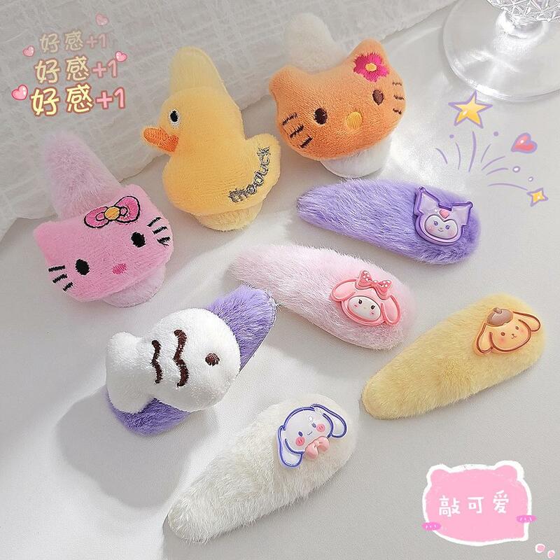 Sanrio Kuromi Hello Kitty Cinnamoroll-Pinza de pelo de felpa para niña pequeña, pasadores laterales para niña, horquillas para la cabeza para bebé, Otoño e Invierno