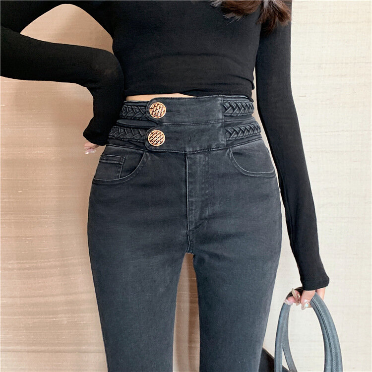 Calça jeans lápis skinny de cintura alta para menina, calça jeans quente grossa, casual com veludo forrado, outono e inverno