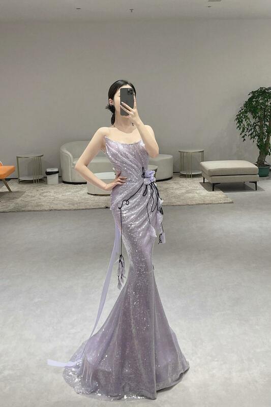 Nowe suknie wieczorowe syrenki fioletowe bez ramiączek bez rękawów sznurowane z tyłu 3D kwiaty plisowane cekiny sukienki na przyjęcie długa suknia wieczorowa