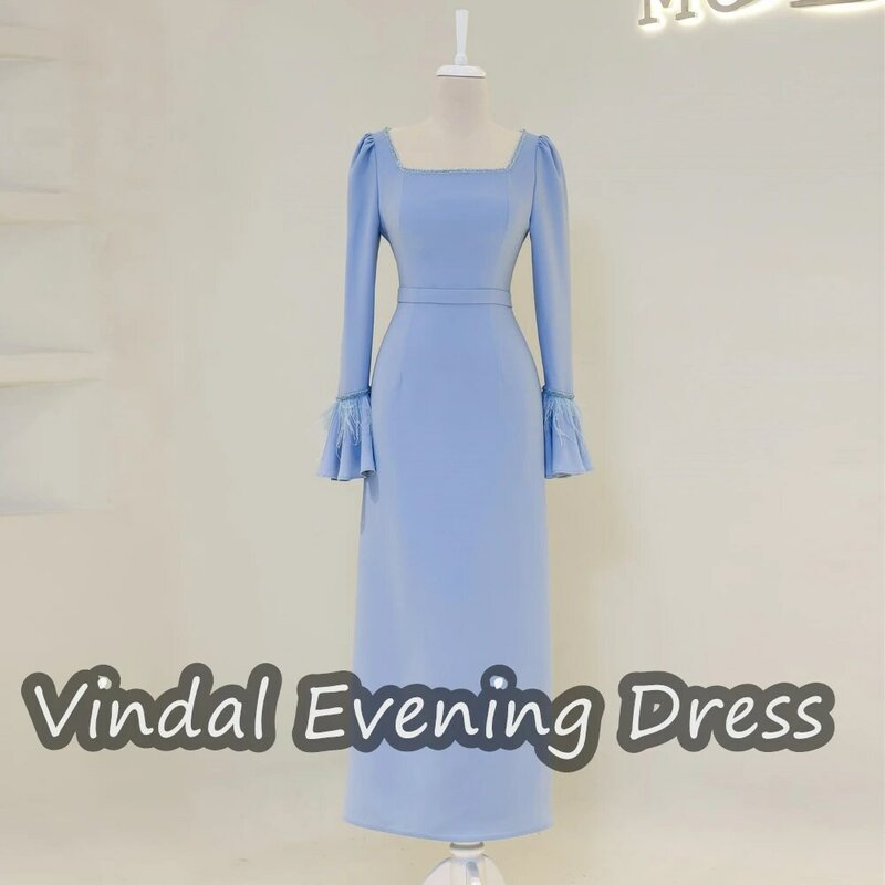 Vindal Ruffle Square Necklin Tea Length A-line Evening Dress Crepe Elegant Built-in Bra Saudi Arabia Long Sleeves For Woman 2024