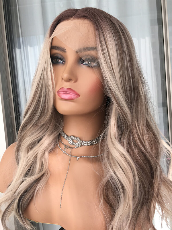 Highlight Platinum Blonde Natural Wave Synthetic Lace Front Wig Heat Resistant Blonde Body Wave Synthetic Hair Wigs for Women