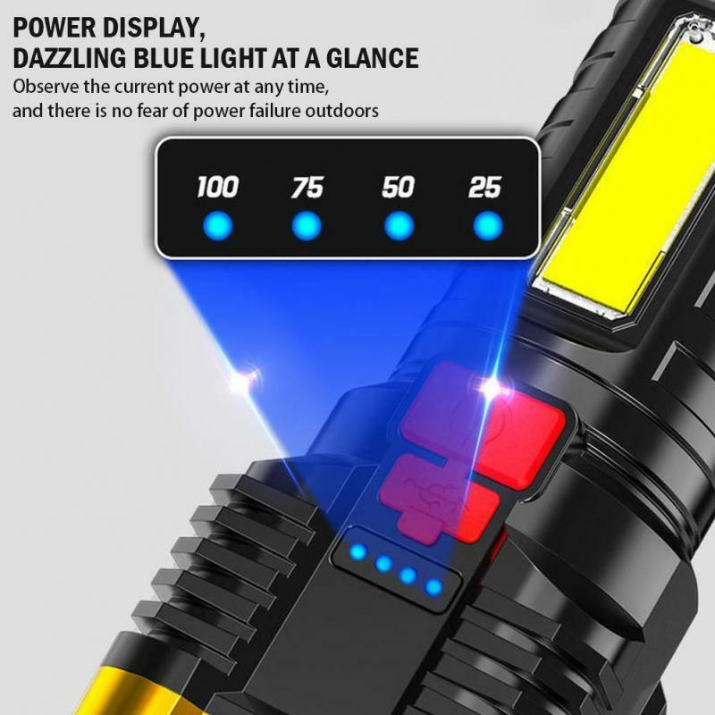 Flashlight USB Recharge 5 LED Light COB Side Light Power Display Outdoor Portable Lamp 4 Mode Waterproof Rechargeable Torches